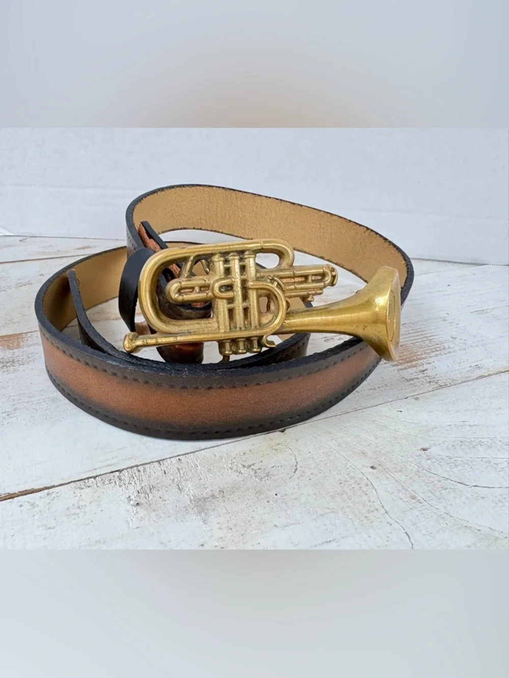Vintage Baron solid Brass belt Buckle cornet trumpet music band 70s sz 34 belt